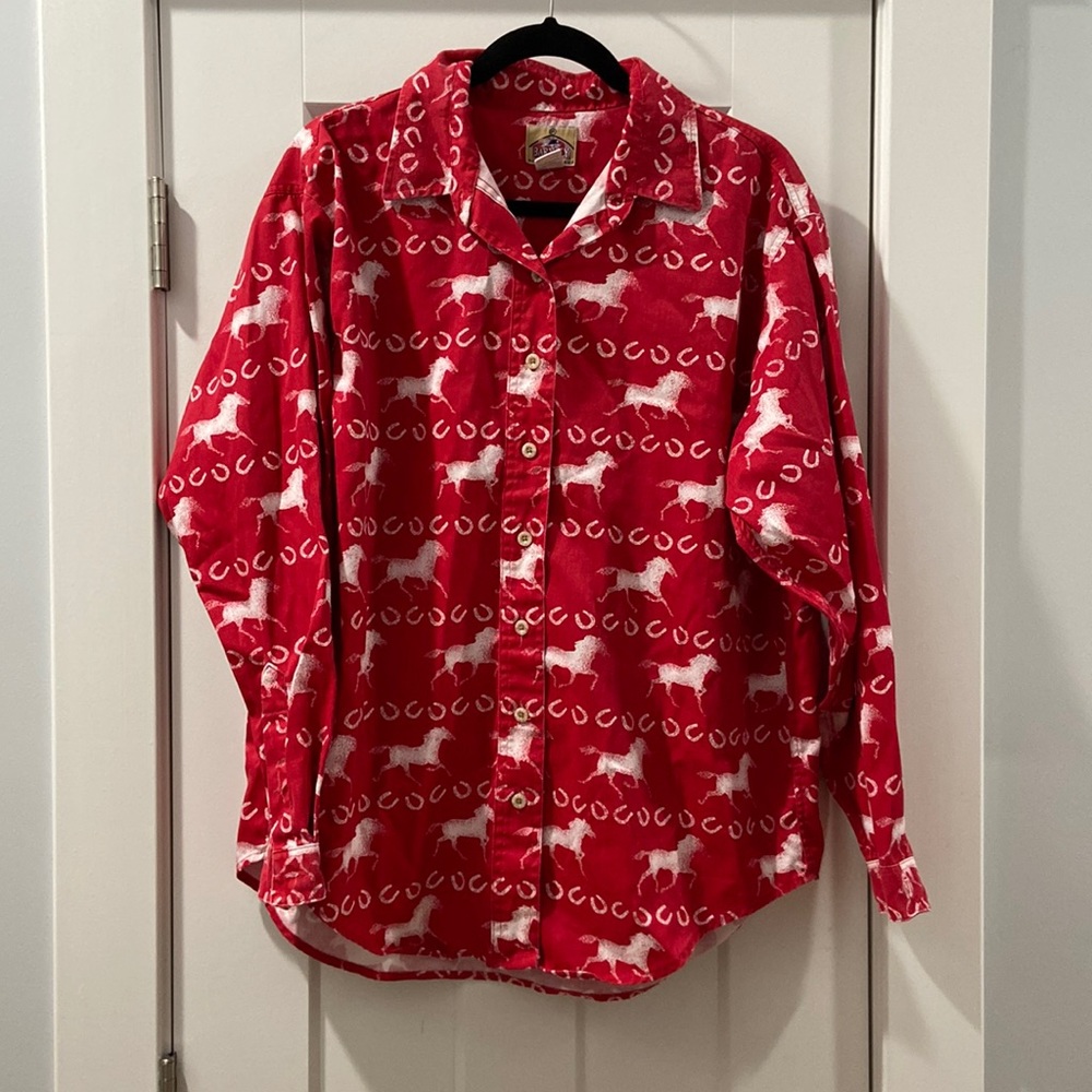 Barn Fly Vintage Western Wear Horses Horseshoes Cowboy Red & white Mens L Shirt